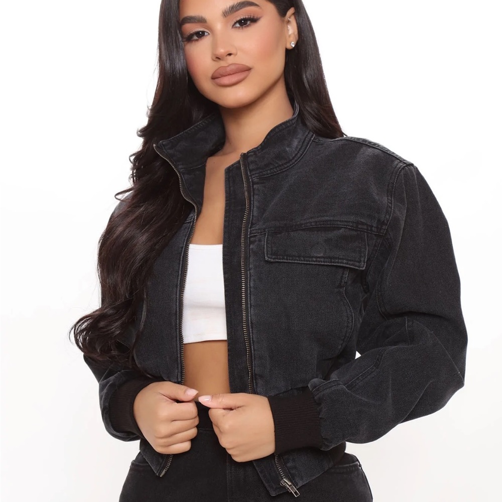 Black Cropped Denim Bomber Jacket